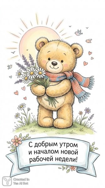 Милый медвежонок с букетом на рассвете: иллюстрация в стиле детской книги. Генерация из нейросети Nano Banana
