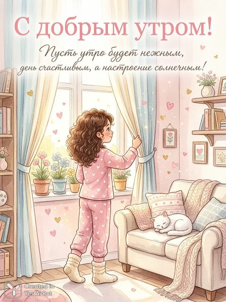Нежное утреннее пробуждение в уютной спальне с котиком и цветами. Картинка из нейросети Nano Banana