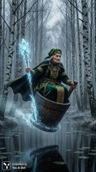 Баба Яга: Волшебница в изумрудной роскоши над таинственным прудом. Изображение из нейросети Nano Banana