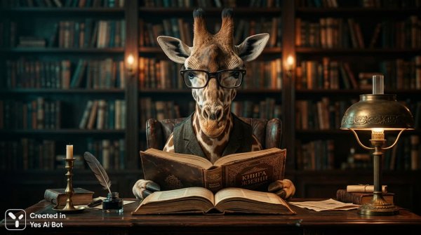 Жираф-интеллектуал читает книгу жизни. Нейросеть Nano-Banana