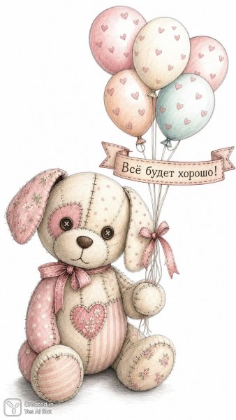 Милый щенок из лоскутков с воздушными шарами и надписью Все будет хорошо!. Нейросеть Sora Image