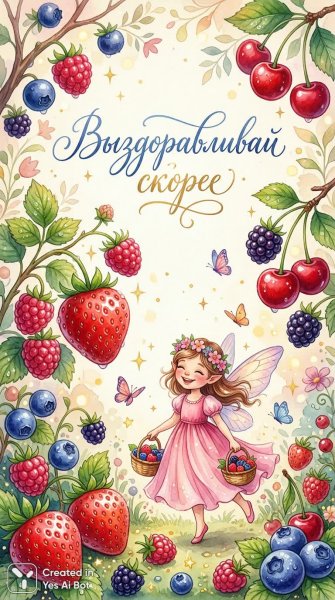 Волшебный сад с ягодами и феей – доброе выздоровление. Картинка из нейросети NanoBanana