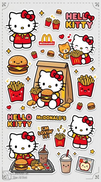 Хитрющая Hello Kitty наслаждается фастфудом МакДональдс в ярком стиле каваи. Изображение из нейросети Nano Banana