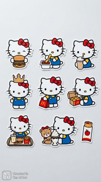 Яркий мир Hello Kitty и McDonald's: коллекция стикеров в стиле каваи. Нейросеть Nano-Banana