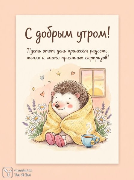 Уютное утро с ежиком: нежность, тепло и добрые пожелания. Изображение из нейросети Nano-Banana