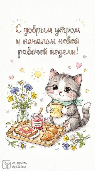 Утро с пушистым котенком и вкусным завтраком в нежных тонах. Нейронная сеть Nano-Banana