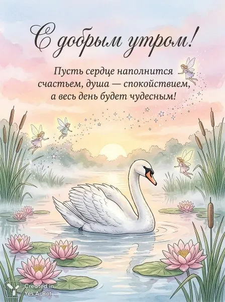 Волшебное утро: лебедь и феи на рассвете над тихой гладью озера с лилиями. Картинка из нейронной сети Нано Банана