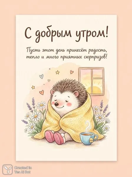 Уютное утро с ежиком: нежность, тепло и добрые пожелания. Изображение из нейросети Nano-Banana