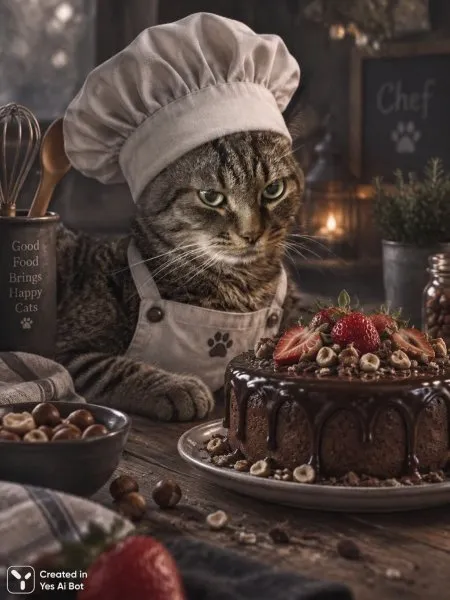 Котик-кондитер с вкусным тортом и ягодами. Нейросеть Sora Image