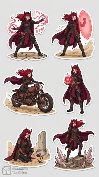 Загадочная Scarlet Witch в руинах пустынных земель: иллюстрация стикера. Изображение из нейросети Nano-Banana