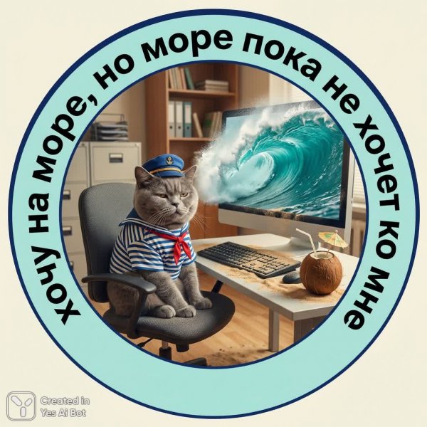Кот-моряк мечтает об отпуске у океана в офисе. Генерация из нейронной сети NanoBanana