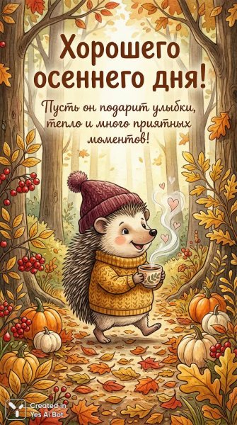 Осеннее настроение с милым ёжиком и чашкой чая. Изображение из нейронной сети Nano Banana