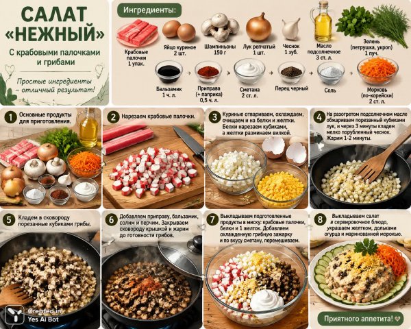Нежный салат с крабовыми палочками и шампиньонами: простой рецепт приготовления. Изображение из нейронной сети Sora Image