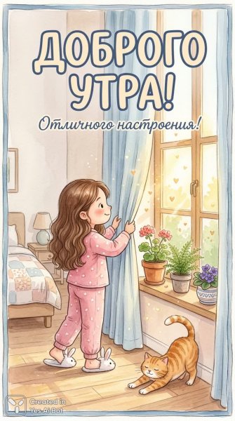 Утро доброе и нежное: сказочная девочка встречает новый день. Картинка из нейросети Nano Banana