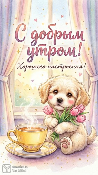 Утро с очаровательным щенком и нежной чашкой чая. Изображение из нейронной сети Nano Banana