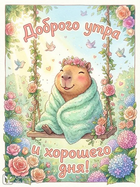 Милый капибара в уютном саду с цветами и добрым утром!. Нейронная сеть Нано Банана