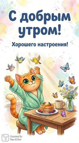 Утро с веселым котом и вкусным завтраком. Картинка из нейросети Nano-Banana