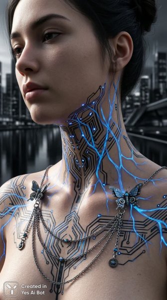 Блестящая кожа с живыми татуировками и механическими украшениями. Нейросеть Nano-Banana