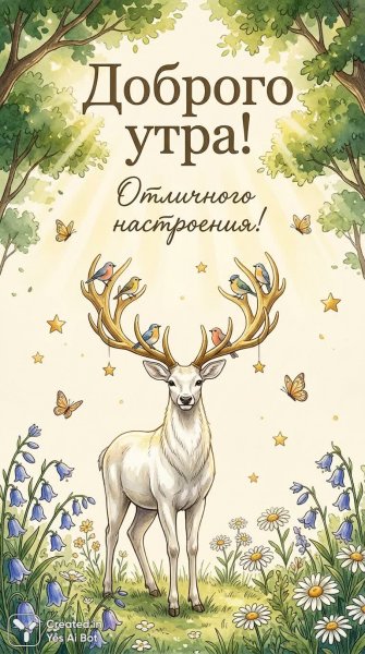 Волшебное утро в цветущем лесу с оленем. Нейросеть Нано Банана