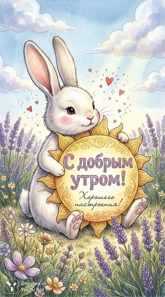 Утро в лавандовом поле с милым зайчиком и солнечным знаком. Изображение из нейросети NanoBanana