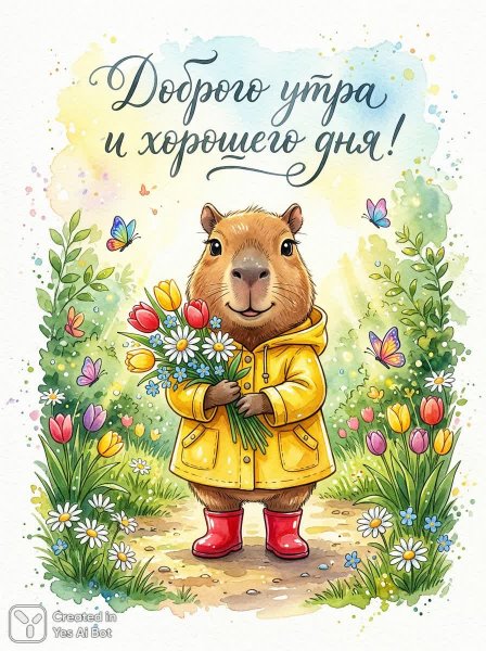 Капибара с цветами: утреннее настроение и весенняя сказка. Изображение из нейросети Nano-Banana