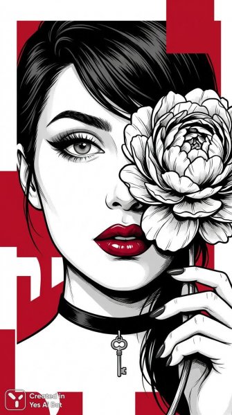 Нежная тайна: портрет в стиле готического комикса с пионой. Картинка из нейронной сети Нано Банана