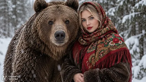 Блондинка и медведь: невероятный портрет в зимнем лесу. Нейросеть Sora Ai Images