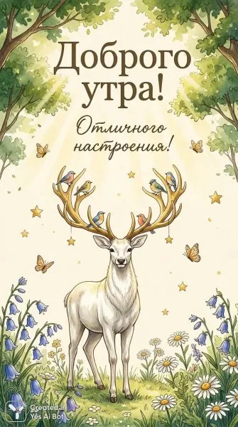 Волшебное утро в цветущем лесу с оленем. Нейросеть Нано Банана
