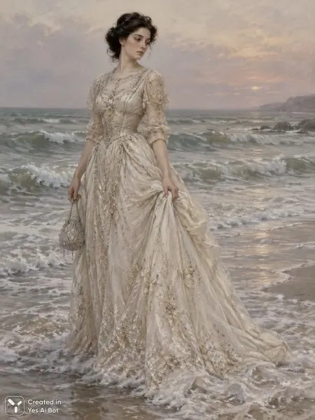 Нежная красота на фоне морской глади и туманного неба. Нейронная сеть Sora Images