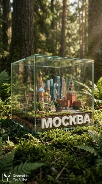 Миниатюрная Москва внутри стеклянного куба. Картинка из нейросети Нано Банана