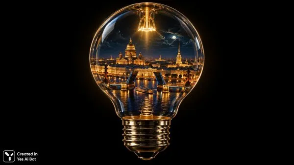 Петербург в стеклянной сфере: ночная миниатюра света и великолепия. Генерация из нейронной сети Sora Images