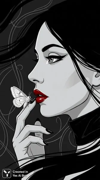 Портрет девушки: мрачная элегантность и нежная встреча с мотыльком. Нейросеть NanoBanana