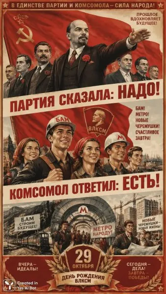 Комсомол отмечает юбилей: пафос, юмор и советская эстетика. Картинка из нейронной сети Sora