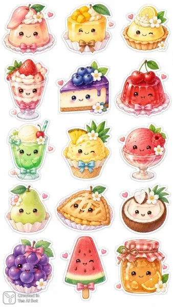 Очаровательные фруктовые десерты: милые наклейки в стиле kawaii. Изображение из нейронной сети Sora Images