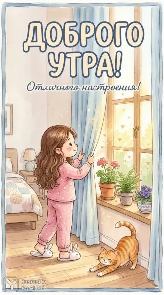 Утро доброе и нежное: сказочная девочка встречает новый день. Картинка из нейросети Nano Banana