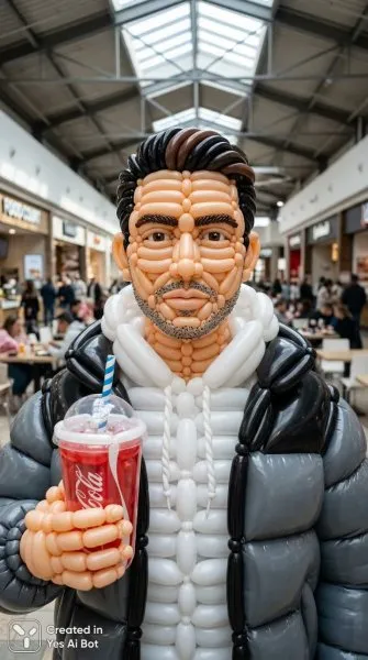 Скульптура из воздушных шаров: портрет с Coca-Cola. Нейросеть NanoBanana
