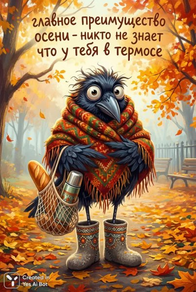 Осенняя ворона с секретом в термосе. Нейросеть Нано Банана